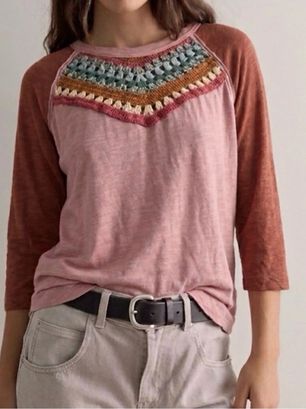 We The Free Spring Bond Long Sleeve Pink Multi Raglan Top Crochet Size S